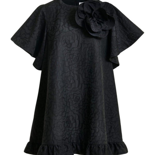 Essentiel Antwerp Black jacquard A-line mini dress with flower brooch
