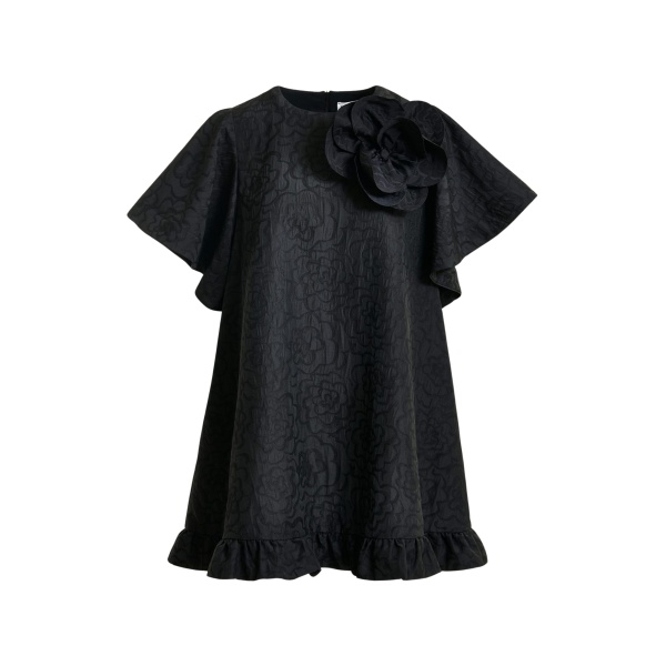 Essentiel Antwerp Black jacquard A-line mini dress with flower brooch - Essentiel Antwerp Dresses - Colorful Belgian Design - Shop at Luxury Shoes 