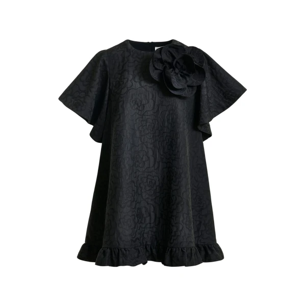 Essentiel Antwerp Black jacquard A-line mini dress with flower brooch - Essentiel Antwerp Dresses - Colorful Belgian Design - Shop at Luxury Shoes 
