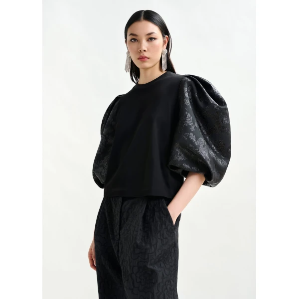 Essentiel Antwerp Black jersey T-shirt with voluminous jacquard sleeves - Essentiel Antwerp Shirts - Colorful Belgian Design - Shop at Luxury Shoes 