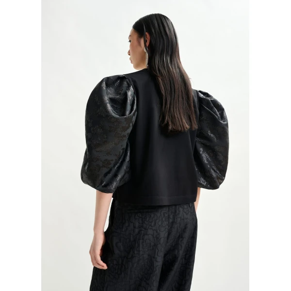 Essentiel Antwerp Black jersey T-shirt with voluminous jacquard sleeves - Essentiel Antwerp Shirts - Colorful Belgian Design - Shop at Luxury Shoes 