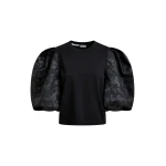 Essentiel Antwerp Black jersey T-shirt with voluminous jacquard sleeves - Essentiel Antwerp Shirts - Colorful Belgian Design - Shop at Luxury Shoes 