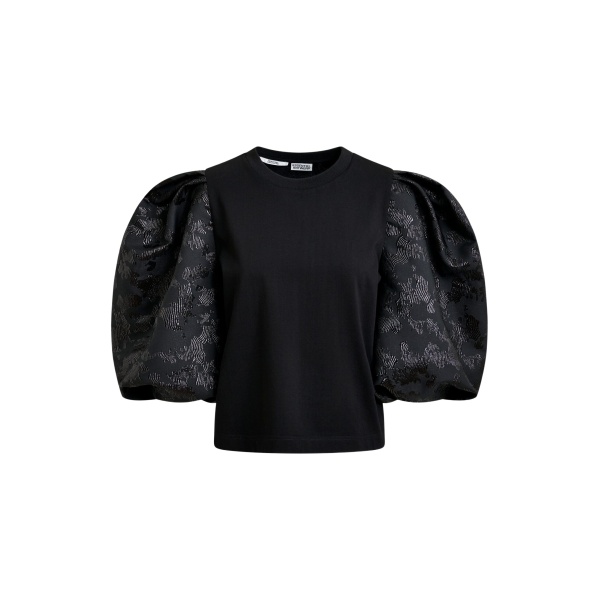 Essentiel Antwerp Black jersey T-shirt with voluminous jacquard sleeves - Essentiel Antwerp Shirts - Colorful Belgian Design - Shop at Luxury Shoes 