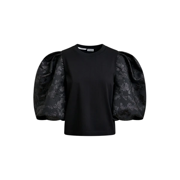 Essentiel Antwerp Black jersey T-shirt with voluminous jacquard sleeves - Essentiel Antwerp Shirts - Colorful Belgian Design - Shop at Luxury Shoes 