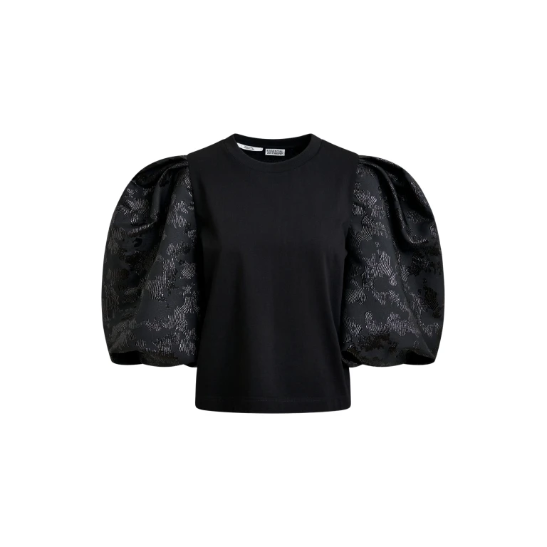 Essentiel Antwerp Black jersey T-shirt with voluminous jacquard sleeves - Essentiel Antwerp Shirts - Colorful Belgian Design - Shop at Luxury Shoes 
