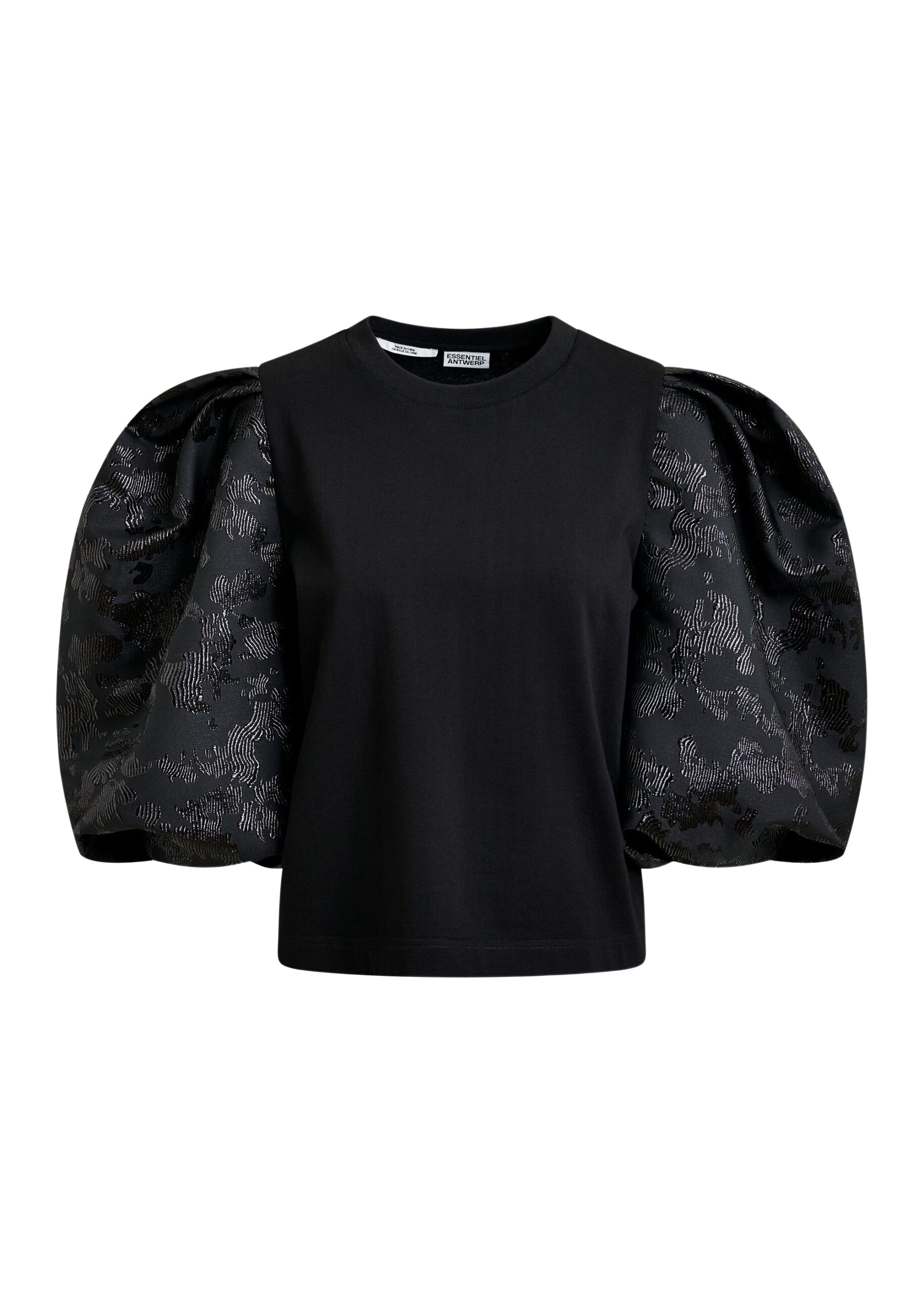 Essentiel Antwerp Black jersey T-shirt with voluminous jacquard sleeves Top