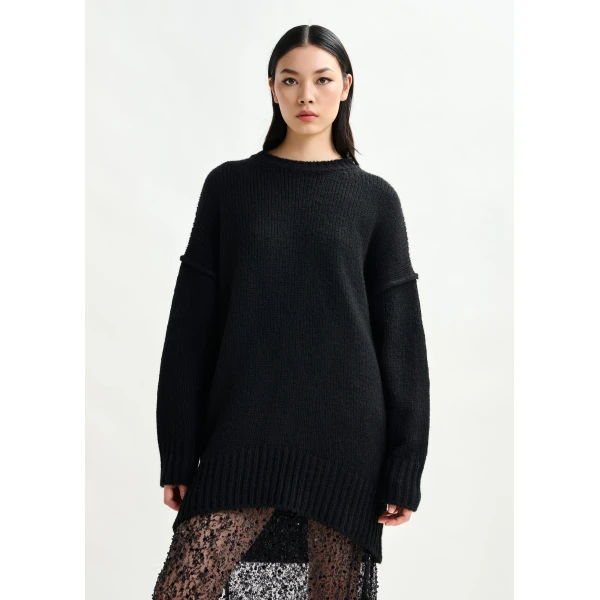 Essentiel Antwerp Black knit mini dress with ruffle detail - Essentiel Antwerp Dresses - Colorful Belgian Design - Shop at Luxury Shoes 