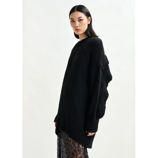 Essentiel Antwerp Black knit mini dress with ruffle detail - Essentiel Antwerp Dresses - Colorful Belgian Design - Shop at Luxury Shoes 