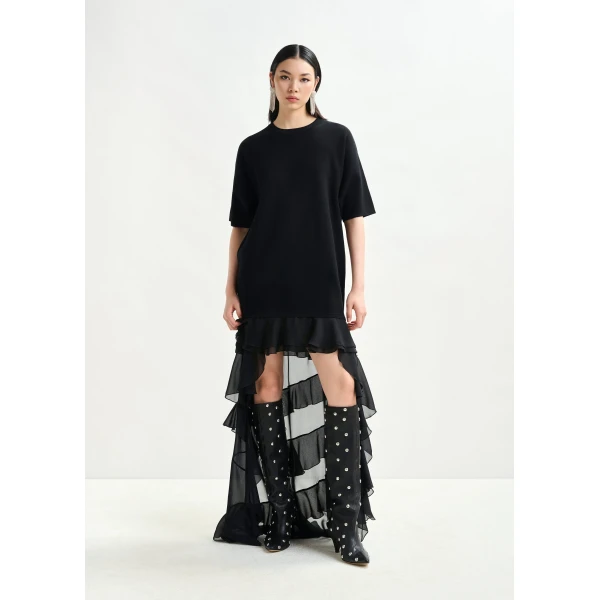 Essentiel Antwerp Black knitted dress with sheer layered hemline - Essentiel Antwerp Dresses - Colorful Belgian Design - Shop at Luxury Shoes 
