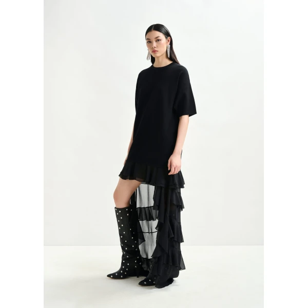 Essentiel Antwerp Black knitted dress with sheer layered hemline - Essentiel Antwerp Dresses - Colorful Belgian Design - Shop at Luxury Shoes 