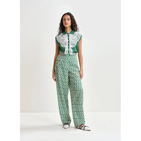 Essentiel Antwerp Blue and beige barrel-leg printed pants - Essentiel Antwerp Pants - Colorful Belgian Design - Shop at Luxury Shoes 