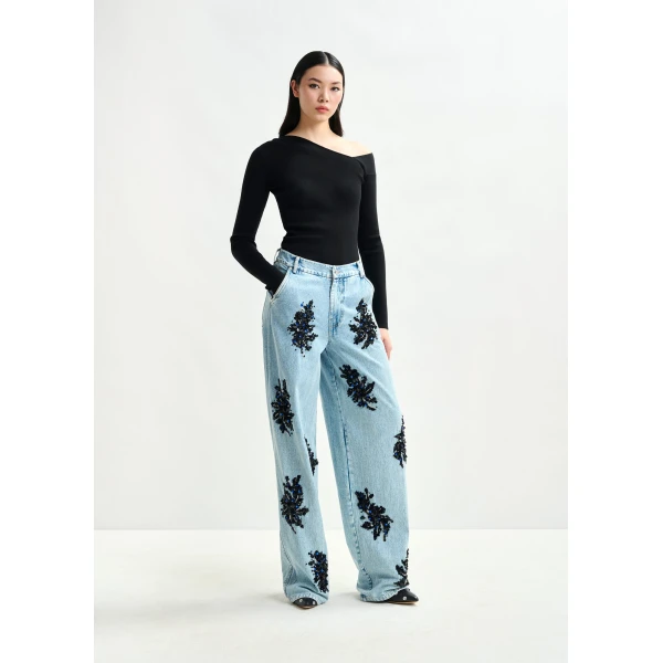 Essentiel Antwerp Blue and black embellished wide-leg jeans - Essentiel Antwerp Pants - Colorful Belgian Design - Shop at Luxury Shoes 