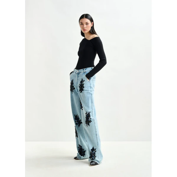 Essentiel Antwerp Blue and black embellished wide-leg jeans - Essentiel Antwerp Pants - Colorful Belgian Design - Shop at Luxury Shoes 
