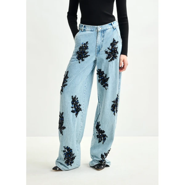 Essentiel Antwerp Blue and black embellished wide-leg jeans - Essentiel Antwerp Pants - Colorful Belgian Design - Shop at Luxury Shoes 