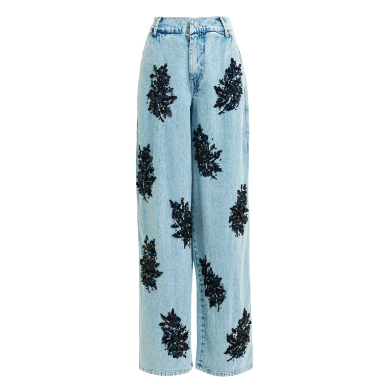 Essentiel Antwerp Blue and black embellished wide-leg jeans - Essentiel Antwerp Pants - Colorful Belgian Design - Shop at Luxury Shoes 