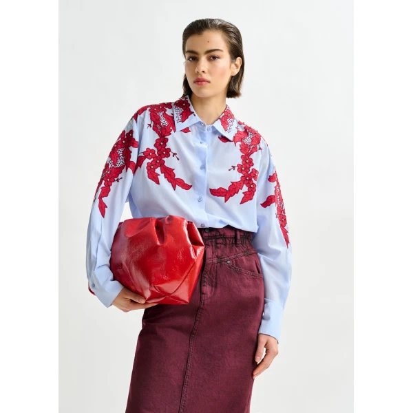 Essentiel Antwerp Blue and burgundy embroidered cotton shirt with rhinestone embellishements - Essentiel Antwerp Shirts - Colorful Belgian Design - Shop at Luxury Shoes 
