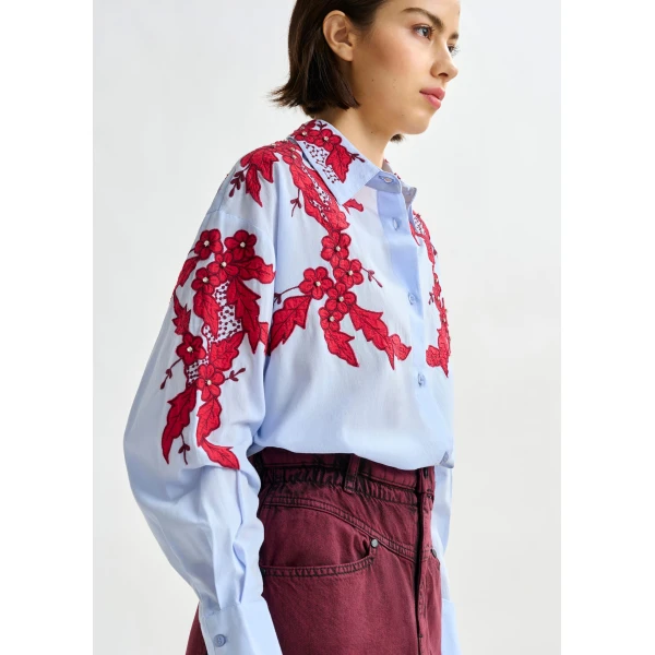 Essentiel Antwerp Blue and burgundy embroidered cotton shirt with rhinestone embellishements - Essentiel Antwerp Shirts - Colorful Belgian Design - Shop at Luxury Shoes 