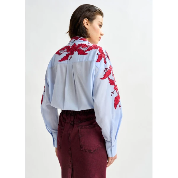 Essentiel Antwerp Blue and burgundy embroidered cotton shirt with rhinestone embellishements - Essentiel Antwerp Shirts - Colorful Belgian Design - Shop at Luxury Shoes 
