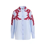 Essentiel Antwerp Blue and burgundy embroidered cotton shirt with rhinestone embellishements - Essentiel Antwerp Shirts - Colorful Belgian Design - Shop at Luxury Shoes 