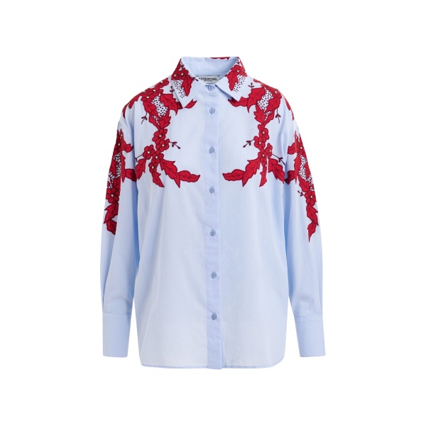 Essentiel Antwerp Blue and burgundy embroidered cotton shirt with rhinestone embellishements - Essentiel Antwerp Shirts - Colorful Belgian Design - Shop at Luxury Shoes 