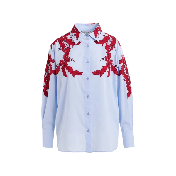 Essentiel Antwerp Blue and burgundy embroidered cotton shirt with rhinestone embellishements - Essentiel Antwerp Shirts - Colorful Belgian Design - Shop at Luxury Shoes 