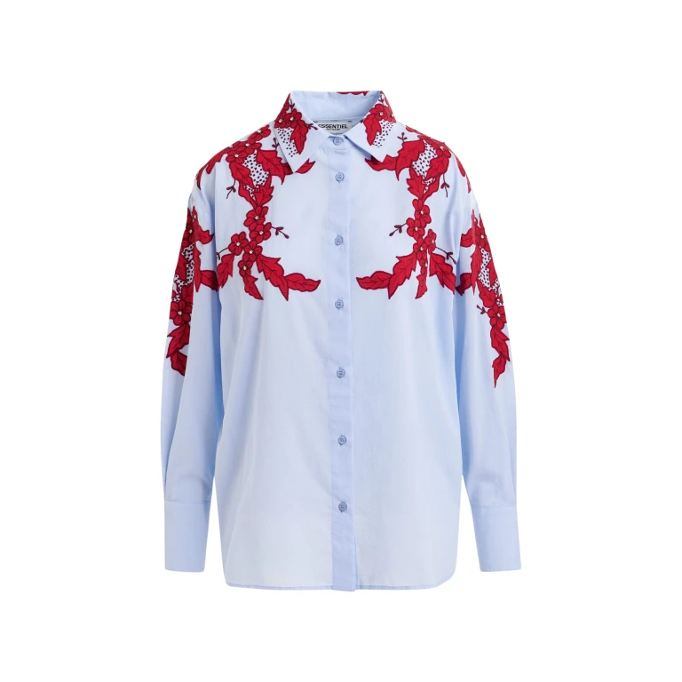 Essentiel Antwerp Blue and burgundy embroidered cotton shirt with rhinestone embellishements - Essentiel Antwerp Shirts - Colorful Belgian Design - Shop at Luxury Shoes 