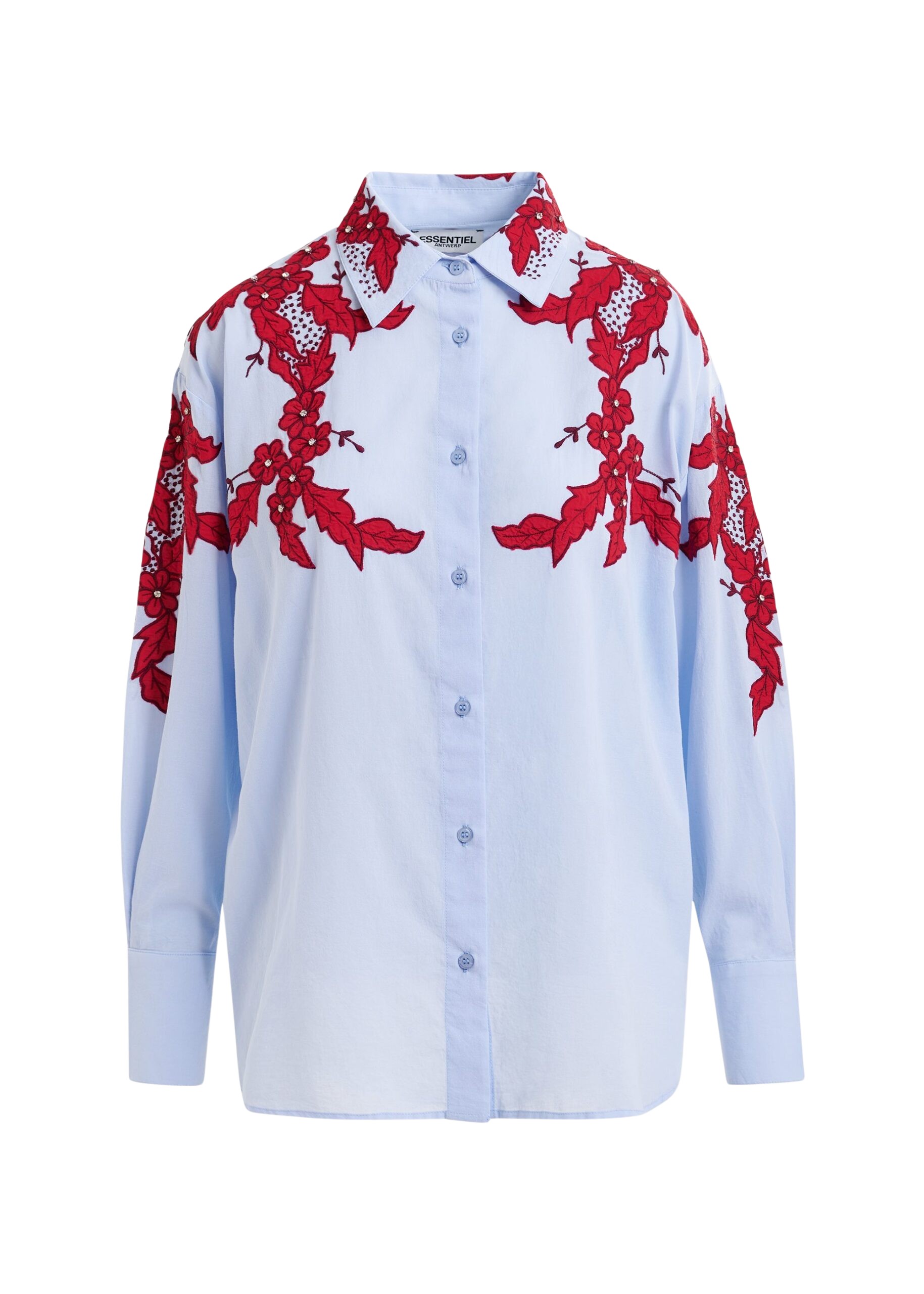 Essentiel Antwerp Blue and burgundy embroidered cotton shirt with rhinestone embellishements