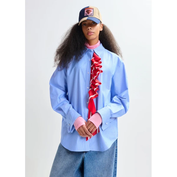 Essentiel Antwerp Blue and white pinstripe cotton shirt with red ribbon detail - Essentiel Antwerp Shirts - Colorful Belgian Design - Shop at Luxury Shoes 
