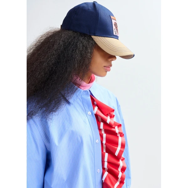 Essentiel Antwerp Blue and white pinstripe cotton shirt with red ribbon detail - Essentiel Antwerp Shirts - Colorful Belgian Design - Shop at Luxury Shoes 