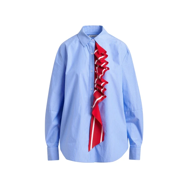 Essentiel Antwerp Blue and white pinstripe cotton shirt with red ribbon detail - Essentiel Antwerp Shirts - Colorful Belgian Design - Shop at Luxury Shoes 