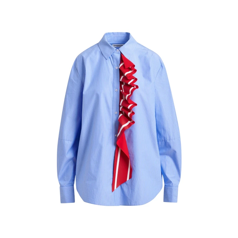 Essentiel Antwerp Blue and white pinstripe cotton shirt with red ribbon detail - Essentiel Antwerp Shirts - Colorful Belgian Design - Shop at Luxury Shoes 
