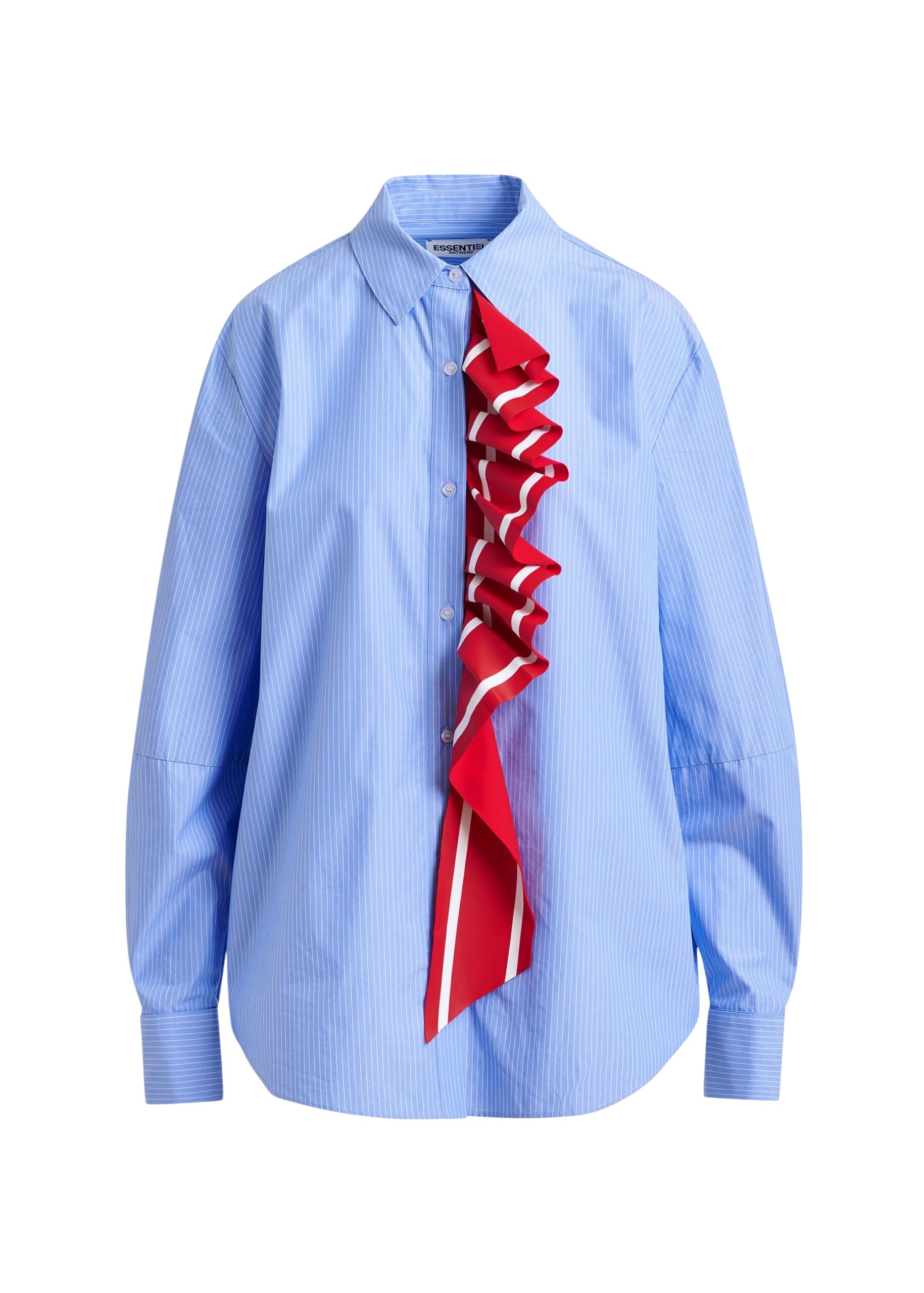 Essentiel Antwerp Blue and white pinstripe cotton shirt with red ribbon detail