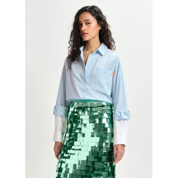 Essentiel Antwerp Blue and white striped cotton shirt with embroidered detail - Essentiel Antwerp Shirts - Colorful Belgian Design - Shop at Luxury Shoes 