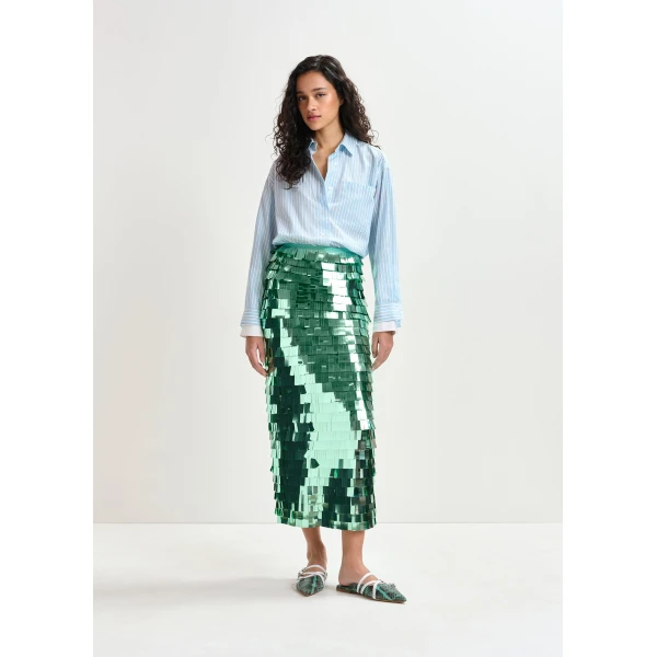 Essentiel Antwerp Blue and white striped cotton shirt with embroidered detail - Essentiel Antwerp Shirts - Colorful Belgian Design - Shop at Luxury Shoes 