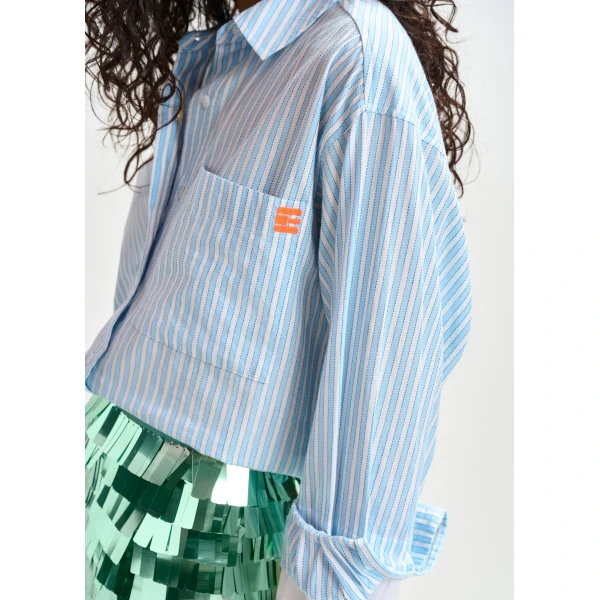 Essentiel Antwerp Blue and white striped cotton shirt with embroidered detail - Essentiel Antwerp Shirts - Colorful Belgian Design - Shop at Luxury Shoes 