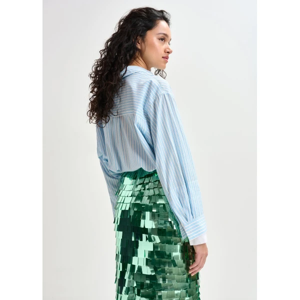 Essentiel Antwerp Blue and white striped cotton shirt with embroidered detail - Essentiel Antwerp Shirts - Colorful Belgian Design - Shop at Luxury Shoes 