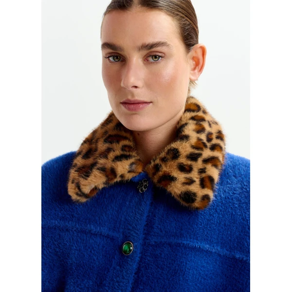 Essentiel Antwerp Blue cardigan with removable leopard faux fur collar - Essentiel Antwerp Knitwear - Colorful Belgian Design - Shop at Luxury Shoes 