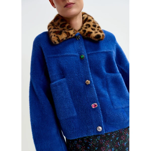 Essentiel Antwerp Blue cardigan with removable leopard faux fur collar - Essentiel Antwerp Knitwear - Colorful Belgian Design - Shop at Luxury Shoes 