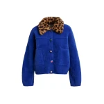 Essentiel Antwerp Blue cardigan with removable leopard faux fur collar - Essentiel Antwerp Knitwear - Colorful Belgian Design - Shop at Luxury Shoes 