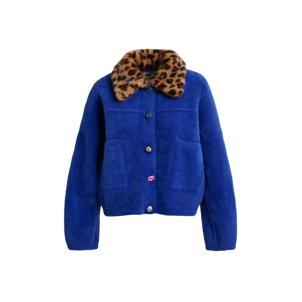 Essentiel Antwerp Blue cardigan with removable leopard faux fur collar - Essentiel Antwerp Knitwear - Colorful Belgian Design - Shop at Luxury Shoes 
