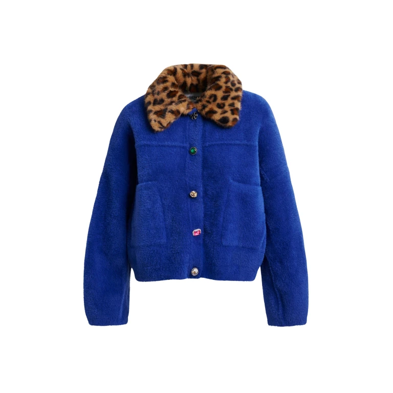 Essentiel Antwerp Blue cardigan with removable leopard faux fur collar - Essentiel Antwerp Knitwear - Colorful Belgian Design - Shop at Luxury Shoes 