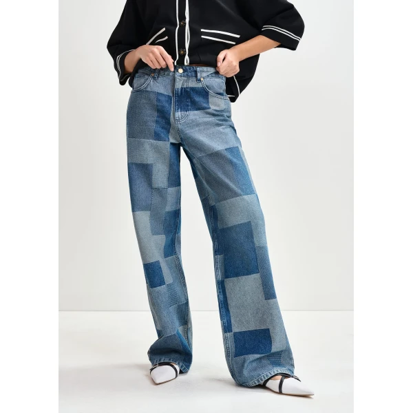 Essentiel Antwerp Blue straight-leg patchwork blue jeans - Essentiel Antwerp Pants - Colorful Belgian Design - Shop at Luxury Shoes 