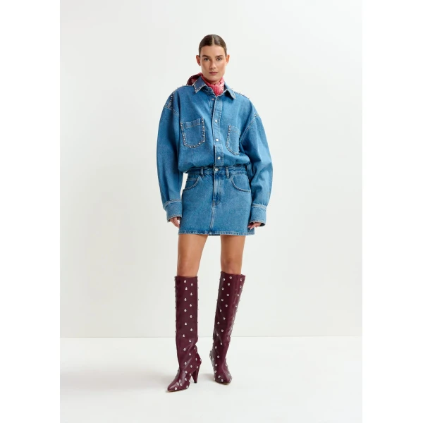 Essentiel Antwerp Blue two-piece denim set with pearl and stud embellishments - Essentiel Antwerp Knitwear - Colorful Belgian Design - Shop at Luxury Shoes 