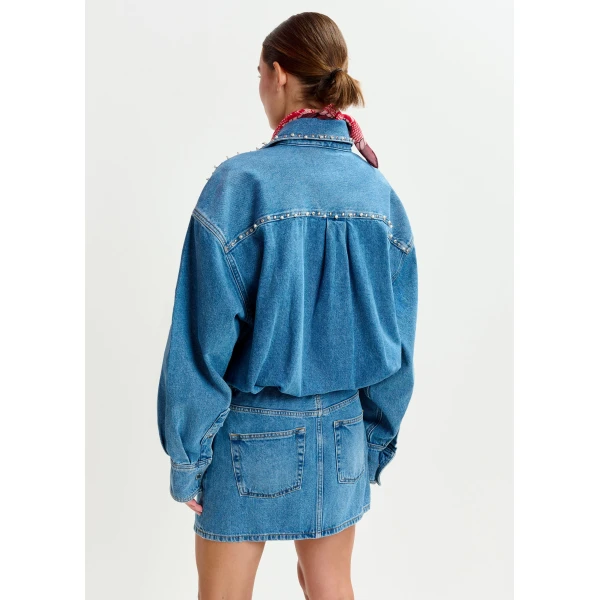 Essentiel Antwerp Blue two-piece denim set with pearl and stud embellishments - Essentiel Antwerp Knitwear - Colorful Belgian Design - Shop at Luxury Shoes 
