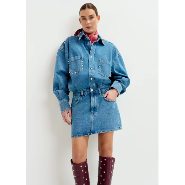 Essentiel Antwerp Blue two-piece denim set with pearl and stud embellishments - Essentiel Antwerp Knitwear - Colorful Belgian Design - Shop at Luxury Shoes 