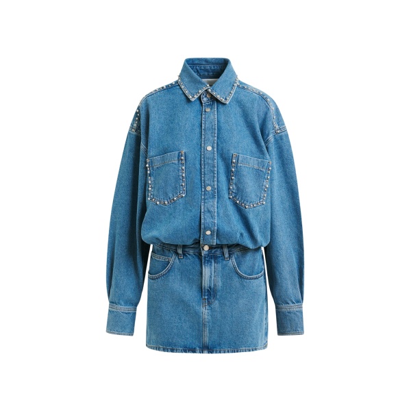 Essentiel Antwerp Blue two-piece denim set with pearl and stud embellishments - Essentiel Antwerp Knitwear - Colorful Belgian Design - Shop at Luxury Shoes 