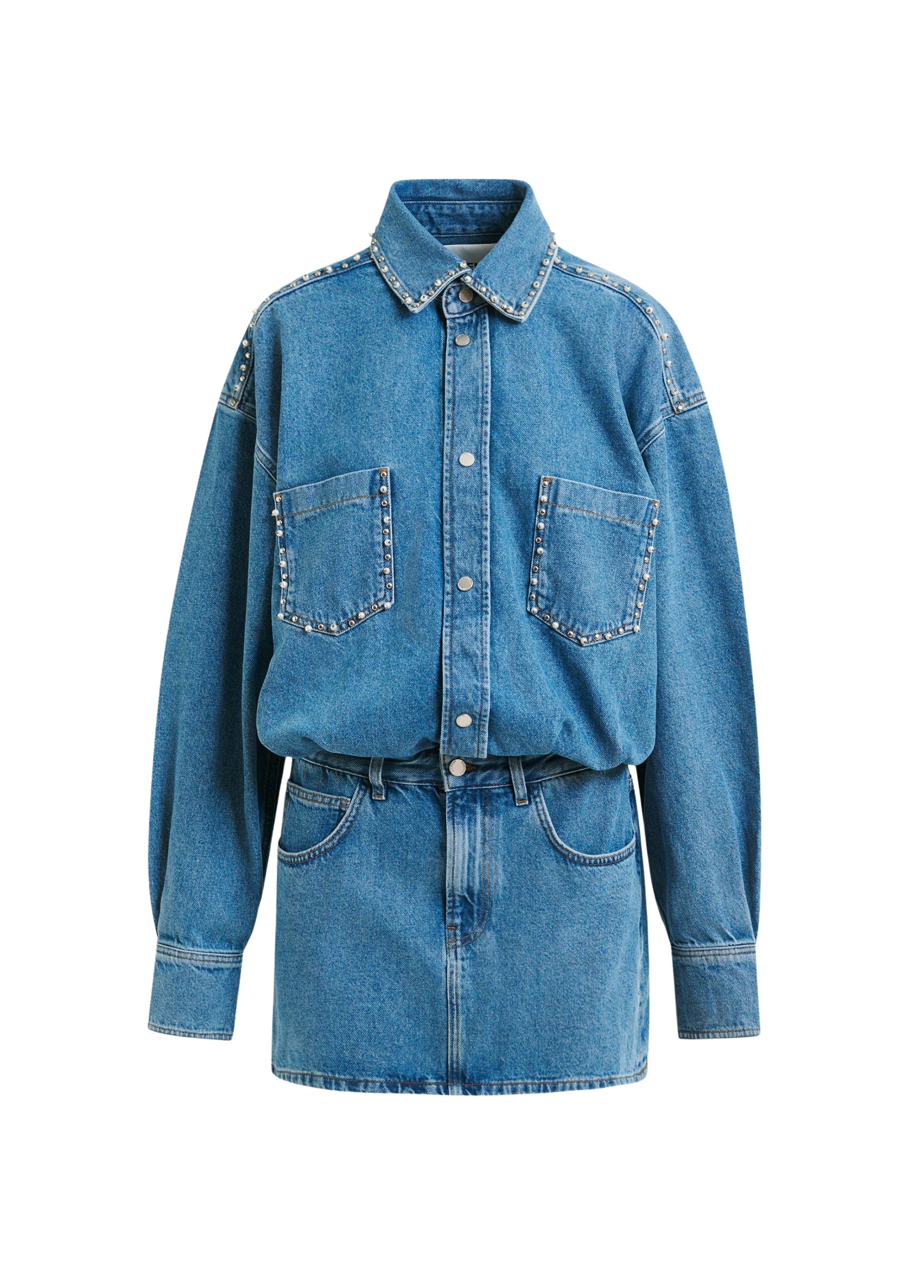 Essentiel Antwerp Blue two-piece denim set with pearl and stud embellishments