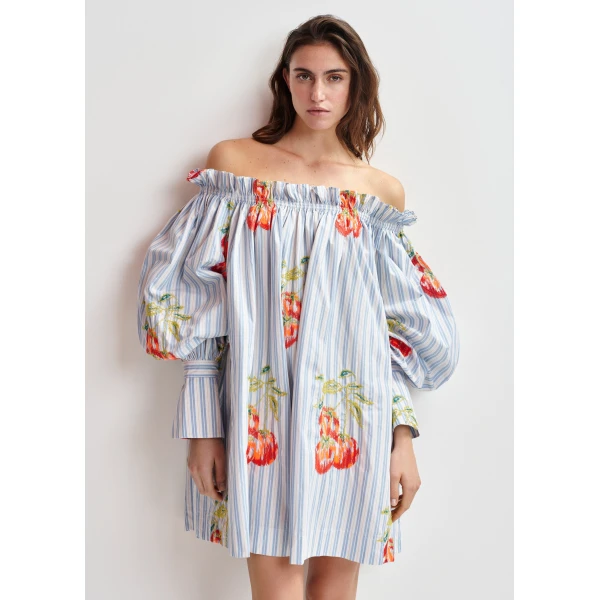 white and burned orange striped off-the-shoulder mini dress with embroidery - Essentiel Antwerp Dresses - Colorful Belgian Design - Shop at Luxury Shoes 