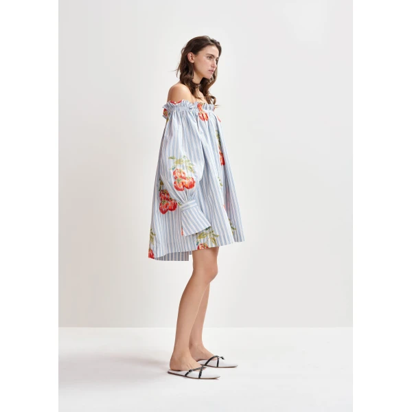 white and burned orange striped off-the-shoulder mini dress with embroidery - Essentiel Antwerp Dresses - Colorful Belgian Design - Shop at Luxury Shoes 