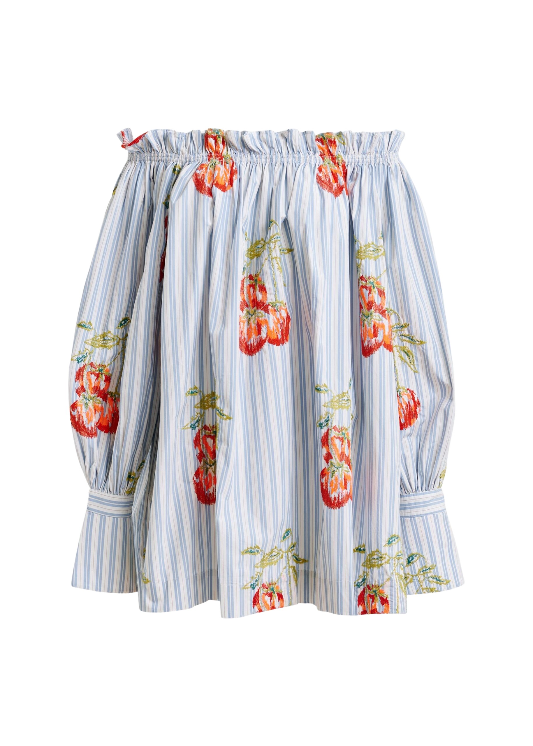 Essentiel Antwerp Blue, white and burned orange striped off-the-shoulder mini dress with embroidery